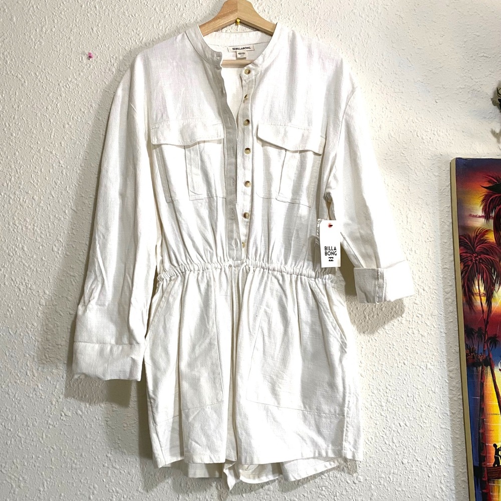 Billabong Wake The Night Romper Euro-Summer White Utility Button Front Large New